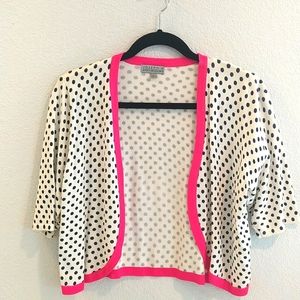 Adorable navy polka dot cardigan sweater w hot pink trim